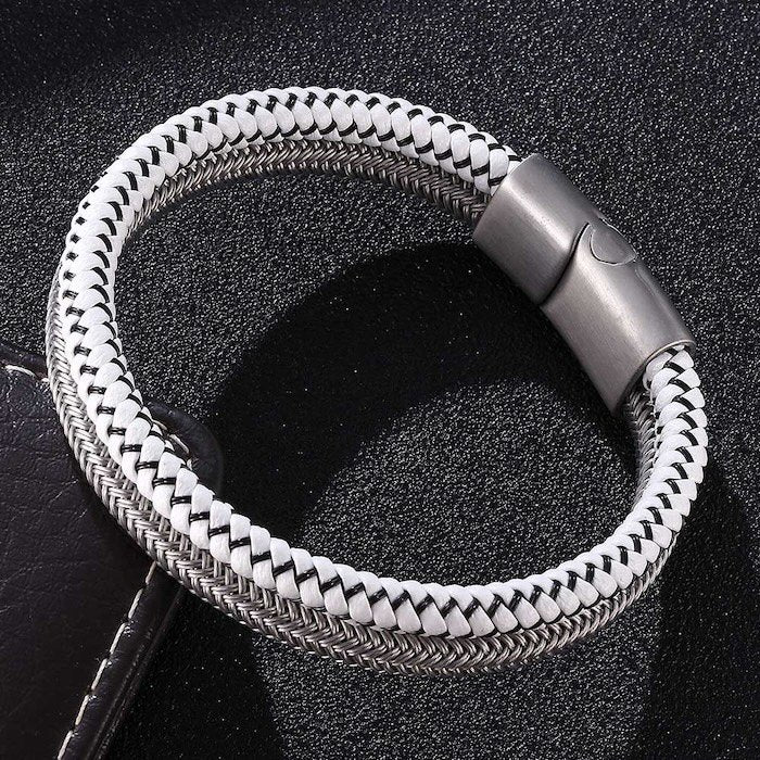 Zilver gevlochten armband-staal en wit leer