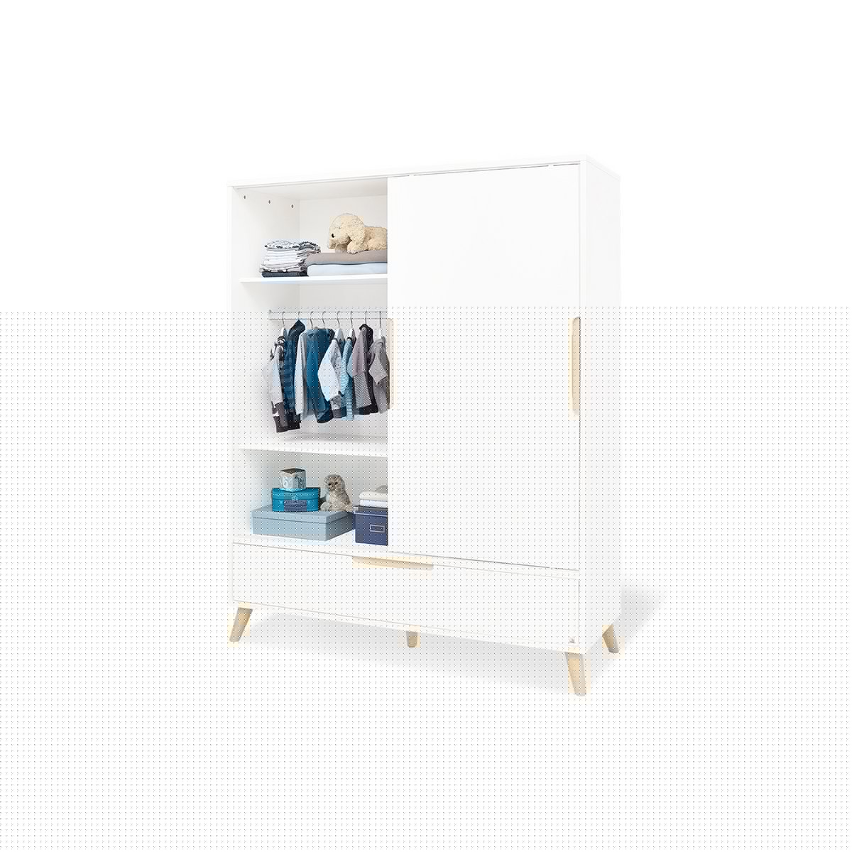 Kwekerij 'Move' breed groot, incl. wandplank
4 delen: ledikant, brede commode, grote kledingkast, wandplank