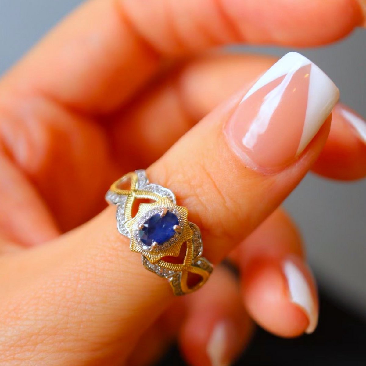 Sapphire Crown - Gouden vermeil fancy Sapphire ring met koninklijk frame - verstelbaar - Echte saffier edelstenen