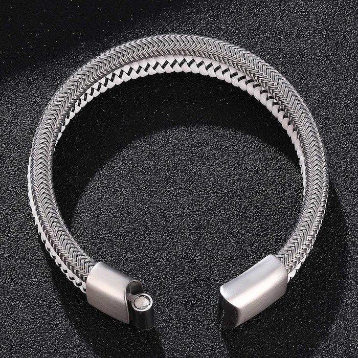 Zilver gevlochten armband-staal en wit leer