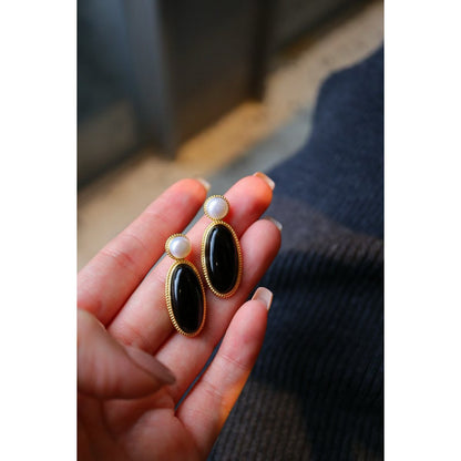 Moderne vintage echte zwarte onyx grote oorbellen met zoetwaterparel-goud vermeil