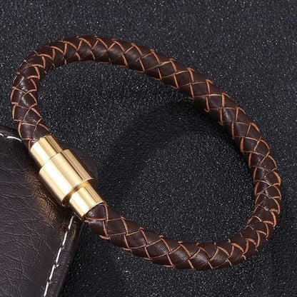 Gevlochten lederen herenarmband-gouden gesp