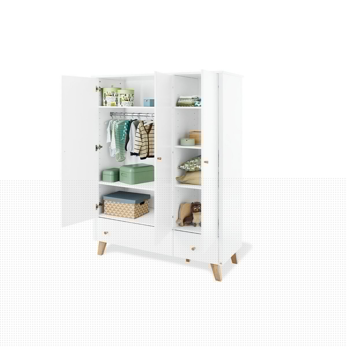Kwekerij 'Hilda & Pan' extra breed groot, wit, incl. wandplank
4 delen: huisbed, extra brede commode, grote kledingkast, wandplank