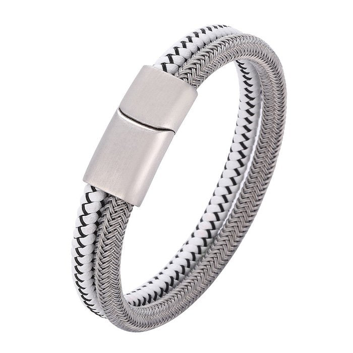 Zilver gevlochten armband-staal en wit leer